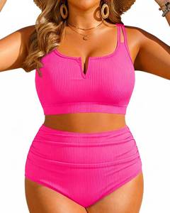 lot 6059 image: Yonique Women Plus Size High Waisted Bikini - Ribbed Two Piece Swimsuit Tummy Control Bathing Suit V-Wired 2025 Swimwear neon pink3 16W