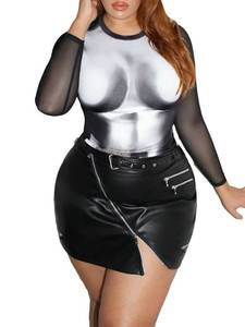 lot 6063 image: GORGLITTER Womens Plus Sheer Mesh Long Sleeve Tops Crew Neck Y2K Printed Tees Shirt Going Out Tops Black and White 2XL