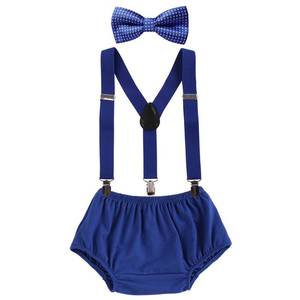 lot 6086 image: Baby Boys Cake Smash Clothes Diaper Suspenders Pants Bow Tie 3PCS Set First 1st 2nd Birthday Outfit for Photo Prop Party Dark Blue  Polka Dots 3-24 Months