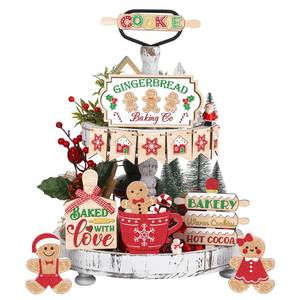 lot 6110 image: Jetec 12 Pcs Christmas Tiered Tray Decor Set Gingerbread, Hot Coco, Snowflakes, Bakery, Wooden Sign for Rustic Farmhouse Christmas Winter Tabletop Centerpiece for Home Table Shelf