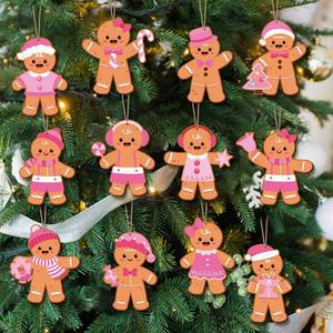lot 6378 image: 24pcs Pink Gingerbread Christmas Ornaments Gingerbread Man Ornaments for Christmas Tree Decorations Xmas Tree Hanging Pendant with Hemp Rope Cute Wood Cutouts for Winter Holiday Home Decor
