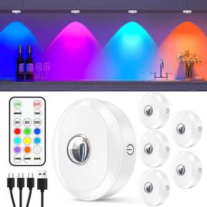 lot 6391 image: WILLED RGB Rechargeable Puck Lights with Remote Control, Under Cabinet Lighting Wireless, Dimmable Push Lights, Multicolor and Timing Function, LED Puck Lights for Kitchen, Cabinet and Shelf(6 Pack)