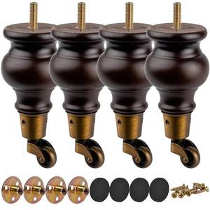 lot 6409 image: TCHOSUZ 6 inch  14cm Wooden Furniture Legs with Casters Wheels, Pack of 4 Classic Walnut Solid Wood Round DIY Replacement Bun Feet for DIY Project Sofa Couch Cabinet Ottoman Bed Riser