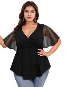 lot 6422 image: ZNU Plus Size Women Blouses - Elegant V-Neck Mesh Flare Sleeve Asymmetrical Top for Summer Casual Wear Black