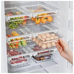 lot 6435 image: SNSLXH 2 Pack Refrigerator Drawer Organizer, Pull Out Shelf Storage Transparent Organizer for Egg, Fruit, Vegetable, Seafood, Meat, Fit All Fridge Shelves Under 0.6