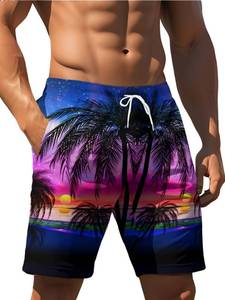 lot 6474 image: METRONS Mens Swim Trunks Mens Casual Novelty Swimwear Shorts Beachwear Board Shorts with Pocket Drawstring,Sunset Palm,Large