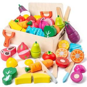 lot 6491 image: 32 Pcs Wooden Play Food Sets for Kids Kitchen Accessories, Montessori Educational Toys Food, Pretend Play Food for Toddlers, Velcro Fruits and Vegetables Cutting Set for Kids Boys Girls