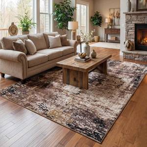 lot 7150 image: Merelax 4x6 Washable Area Rug for Living Room, Brown Red Boho Abstract Bedroom Area Rugs, Non Slip Entryway Rug, Low Pile Carpet for Kitchen Dining Room Study Office Kids Room