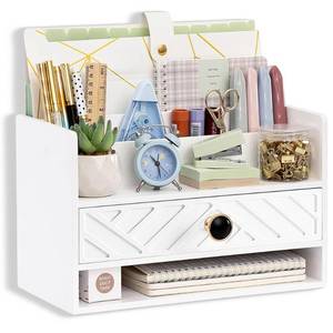 lot 7169 image: dreampossible white Wood Desk Organizer and Accessories with Drawer, Bill Mail Organizer and File Mail Holder for Office Supplies, Desk Accessories & Workspace Organizers for Desk Organization