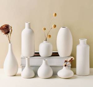 lot 7173 image: Parlamain Set of 8 White Ceramic Vases for Dried Pampas Grass Flowers, Aesthetic Boho Modern Decor for Farmhouse Living Room Coffee Table Shelf Fireplace Centerpiece Bedroom Office Desk Home DIY Gifts