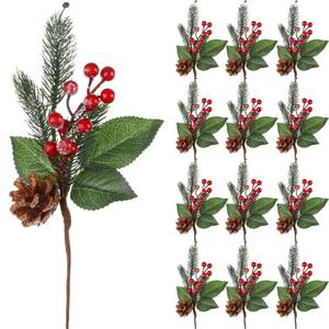 lot 7189 image: Boao 12 Pcs 11 Large Christmas Pine Picks Tree Decoration Red Berry Picks and Sprays with Cone Artificial Fake Branches Snowy Floral Flower Holly Pine for Tree Crafts Decor Faux Stem