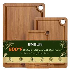 lot 7191 image: Bamboo Cutting Board for Kitchen Meal Prep & Serving, 3-Piece Wooden Set with Juice Grooves, Side Handles, Non-Slip Mats �� Ideal for Meat, Veggies, Fruit �� Ideal Gift for the Home