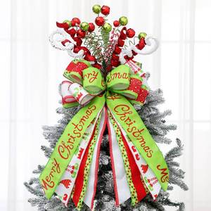 lot 7194 image: Liliful 23 Inch Large Red Green Christmas Tree Topper Bow Lime Green Tree Topper Glitter Sequins Ball Curly Whimsical Picks for Xmas Holiday Home Indoor Outdoor Decor