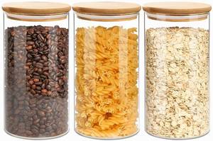 lot 7234 image: VIEWELLD 1.5 Qt Round Glass Storage Containers with Lids, Clear Food Storage Container Jar with Sealing Bamboo Lid for Noodles Flour Cereal Rice Sugar Tea Coffee Beans, Round Set of 3
