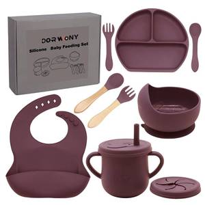 lot 7238 image: Dormlony 100% Silicone Baby Feeding Set, BPA Free Dishes With Suction Bowl, Divided Plate, Toddler Self Feeding Utensils, Spoons, Forks, Sippy Cup and Bib (Dark Red)