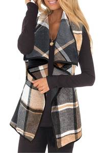 lot 8326 image: YACUN Women Plaid Vest Lapel Open Front Sleeveless Jacket Outerwear Cardigan with Pockets Greykhaki L