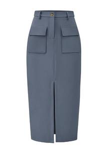 lot 8339 image: KIRUNDO Midi Skirts for Women Spring Summer High Waisted Cargo Trendy Pencil Slit Dressy Casual Business Work Long Skirt(Large, Grey Blue)