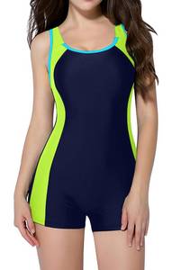 lot 8352 image: beautyin Womens One Piece Swimsuits Athletic Training Boy Shorts Swimming Suit YellowNavy, Size Small