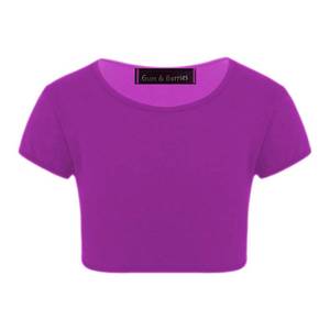 lot 8390 image: Kids Girls Neon Fluorescent Plain Short Sleeve Crop Tops T-Shirt Tee Top Dance Wear Gymnastic Fancy Dress Colour Purple - Size 7-8 Years