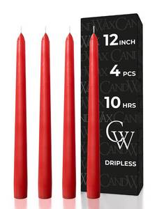 lot 8400 image: CANDWAX 12 inch Red Taper Candles Set of 4 - Dripless and Long Burning Red Candlesticks - Perfect as Christmas Candlesticks for Dinner or Holiday Home Decor - Christmas Candle Sticks