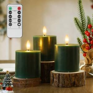 lot 8415 image: SEHNSY Green Flameless Pillar Candles, Real Wax Battery Operated Candles with Remote and Timer, Flickering LED Candles for Christmas Holiday Home Decor,Xmas Gift, Set of 3(3x3)