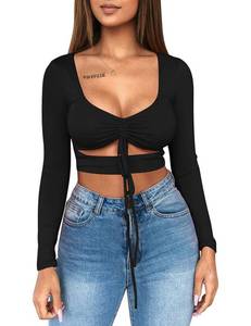lot 8428 image: Mizoci Womens Sexy Ruched Tie Up Crop Top Basic Long Sleeve Cut Out T Shirt,X-Large,Black