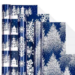 lot 8443 image: LeZakaa Navy Christmas Wrapping Paper Min Roll, Snowy Woodland Scenes House Snowflake Tree Holiday Gift Wrap, Arts Craft, for Xmas Winter Party Men Women, 17 x 120 inches, 3 Rolls