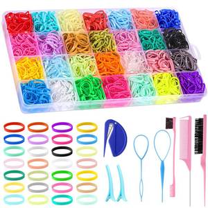 lot 8477 image: 28 Colors Rubber Bands with 8 Hair Styling Tools, 1500 Pcs Colorful Elastic Ties Small Rubber Bands Baby Toddler Ties Daughter Valentines Day Gifts
