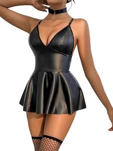 lot 8487 image: Foxiny Sexy Leather Collar Plunge Mini Skirt Choker Stocking Lingerie Set Dress with Thong 3 Piece Women PU Deep V Neck Outfits Backless Matching Bra Panty Underwear Black Large