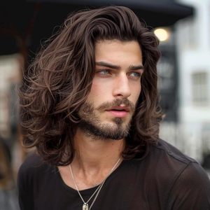 lot 8498 image: Daiaces Mens Long Brown Wavy Wig Natural Wavy Curly Wig for Halloween Costume Cosplay Party