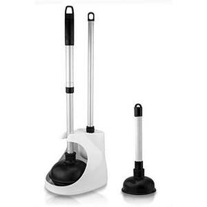 lot 9002 image: NEIKO 60168A Toilet Plunger Set  4 Piece  Bonus Mini Sink & Drain Plunger  Toilet Bowl Brush & Caddy  Patented All-Angle Design  Telescopic Aluminum Handle  Bathroom Toilet Brush and Plunger Set