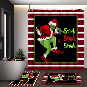 lot 10002 image: BIVIPO Christmas Bathroom Set 4-Piece, Holiday Shower Curtain with Hooks, Non-Slip Bath Mat, Toilet Lid Cover & U-Shaped Rug, Festive Bathroom Decor, 72x72 Inches