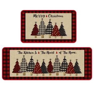 lot 10005 image: CHAMBERY Christmas Kitchen Rugs Set Of 2,Non-slip Backing Buffalo Plaid Merry Christmas Kitchen Mats For Floor,Low-Profile Winter Xmas Tree Holiday Decorations Christmas Doormat - 17x29 and 17x47 Inch