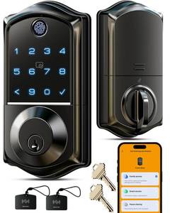 lot 11685 image: Veise VE017 Fingerprint Smart Door Lock, App Control, 8-in-1 Keyless Entry, Auto Lock, Emergency Power Port, Electronic Touchscreen Keypad, Biometric Smart Locks for Front Door, Matte Black