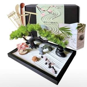 lot 11709 image: Earthy Blendz Zen Garden for Desk �� Mini Japanese Rock Garden with Crystals, Bonsai Tree & Sand Tools, 11x7.5in Stress Relief Desk Decor, Meditation & Relaxation Gift Set (Black)