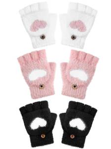 lot 12183 image: Geyoga 3 Pair Kids Fingerless Gloves for Girls Winter Warm Convertible Flip Top Gloves Heart Half Finger Mitten for Toddler(Black, Pink, White,5-10 Years)