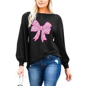 lot 12184 image: Womens Sparkle Sequin Tops Sweatshirt Shimmer Glitter Long Sleeve Blouses Boatneck Loose Fit Shirts, Black Rose Pink Bow, X-Large