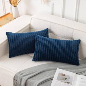 lot 12194 image: UGS UGASA Pack of 2, Velvet Pillow Covers Striped, Soft Textured Throw Cushion Case Set, Accent Corduroy Lumbar Pillowcases with Hidden Zipper for Home Decor Indoor Outdoor (12x20, Navy Blue)