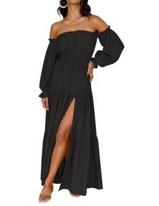 lot 12205 image: ZESICA Womens 2025 Boho Sexy Off Shoulder Long Sleeve Smocked High Waist Side Split Flowy A Line Tiered Long Maxi Dress,DarkBlack,Medium