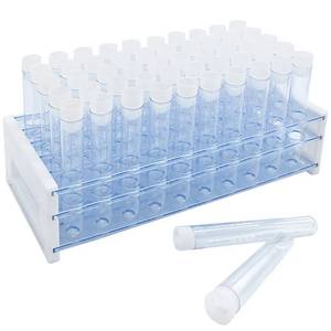 lot 12224 image: 50Pcs 10ml Clear Plastic Test Tubes with Rack,16 x 100mm Tube with Caps and 50 Holes Tubes Rack,Test Tube Set for Scientific Experiments,Candy,Beads,Liquid Storage,Party Decor