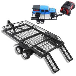 lot 13934 image: equlup RC Metal Flatbed Trailer, Flatbed Trailer with Hook Hitch Heavy Duty High Stability RC Dual Axles Hitch Mount Bracket for Remote Control Crawler