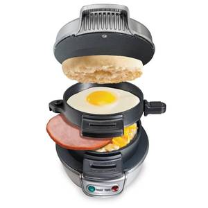 lot 13953 image: Hamilton Beach Breakfast Sandwich Maker with Egg Cooker Ring, Customize Ingredients, Perfect for English Muffins, Croissants, Mini Waffles, Perfect White Elephant Gifts, Silver (25475)