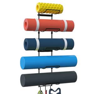lot 13954 image: Kesito Yoga Mat Holder Wall Mount, Wall Rack Organizer, Storage Foam Roller and Block, with 5 Sectional and 3 Hooks for Hanging Yoga Strap, Resistance Bands at Fitness Class or Home Gym, Decor(Black)
