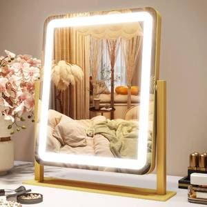 lot 13966 image: ROLOVE Vanity Mirror with Lights, 12.6�15 LED Makeup Mirror, Lighted Makeup Mirror with Lights, Smart Touch Control Dimmable 3 Modes Light, Lighted Up Mirror for Makeup Desk, Gold