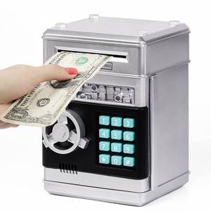 lot 13967 image: Refasy Piggy Bank Money Safe Password Money Box for Kids Ages 3, ATM Bank Safe Coin Cash Banks Money Saving Box, Birthday for Boys Girls 3 4 5 6 7 8 9 10 Years Old (Silver)