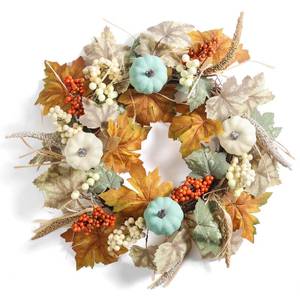 lot 13983 image: Fall Wreaths for Front Door in 20 inch, Artificial Autumn Leaves with White and Blue Pumpkins, Orange Berries, Farmhouse Fall Decorations, Front Door, Wall, Wedding, Thanksgiving, Autumn