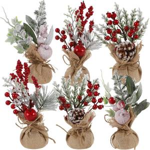 lot 13990 image: winemana 6 Pcs Mini Christmas Tree Table Decorations, 9 Small Artificial Trees with Red Berries Pine Cone Tabletop Centerpiece for Home Office Room Holiday Decorations