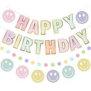 lot 14441 image: Danadia Pre-Strung Happy Birthday Banner, Pastel Birthday Decorations with Smiley Face and Circle Dot Garland,NO DIY Preppy Party Decorations for Women Girls Men Boys