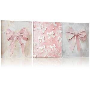 lot 14462 image: AmazingSpark 3 Pcs Coquette Pink Bow Canvas Wall Decor Valentines Day Cute Oil Painting Bow Wall Decor Print Trendy Preppy Cute Art with Framed for Bedroom Bathroom Kitchen College 9.84 x 7.87 Inch