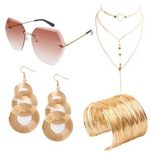 lot 14474 image: Fumwase 4 Piece 70s Disco Accessories for Party Halloween Cosplay 70s Disco Costume Accessory Set for Women with Luxuriant Coil Bracelet Disco Sunglasses Triple-Layered Choker and Gold Disco Earrings